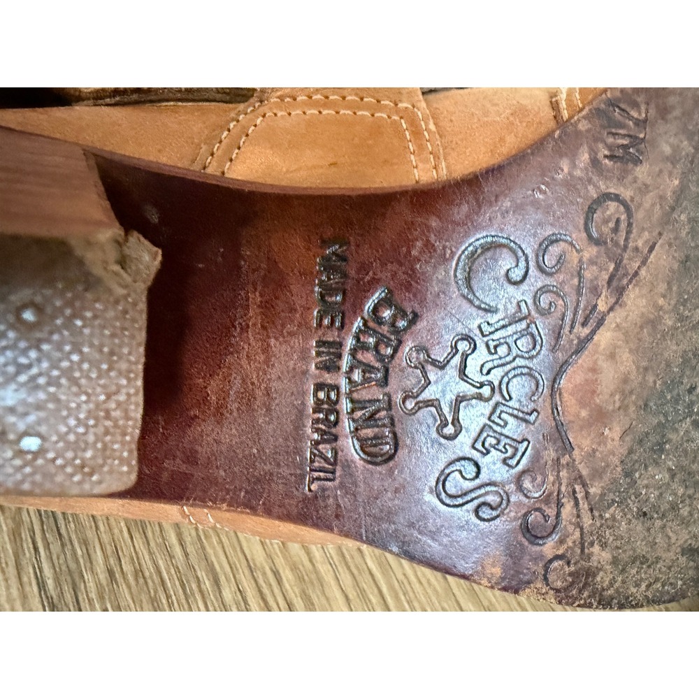 Vintage Circles Tan Leather Western Slingback Mules Size 7 Boho Cowgirl Heels - Picture 4 of 8
